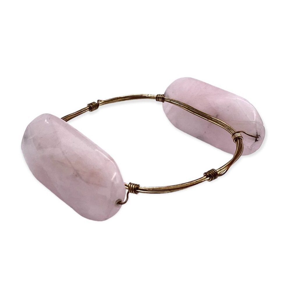 Bourbon & Bowties Pink Gemstone Wire Wrapped Bangle Bracelet Gold Tone